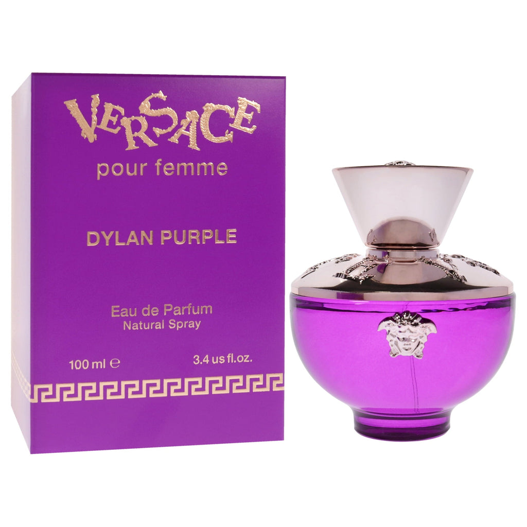 Versace Dylan Purple perfume bottle and packaging on a white background