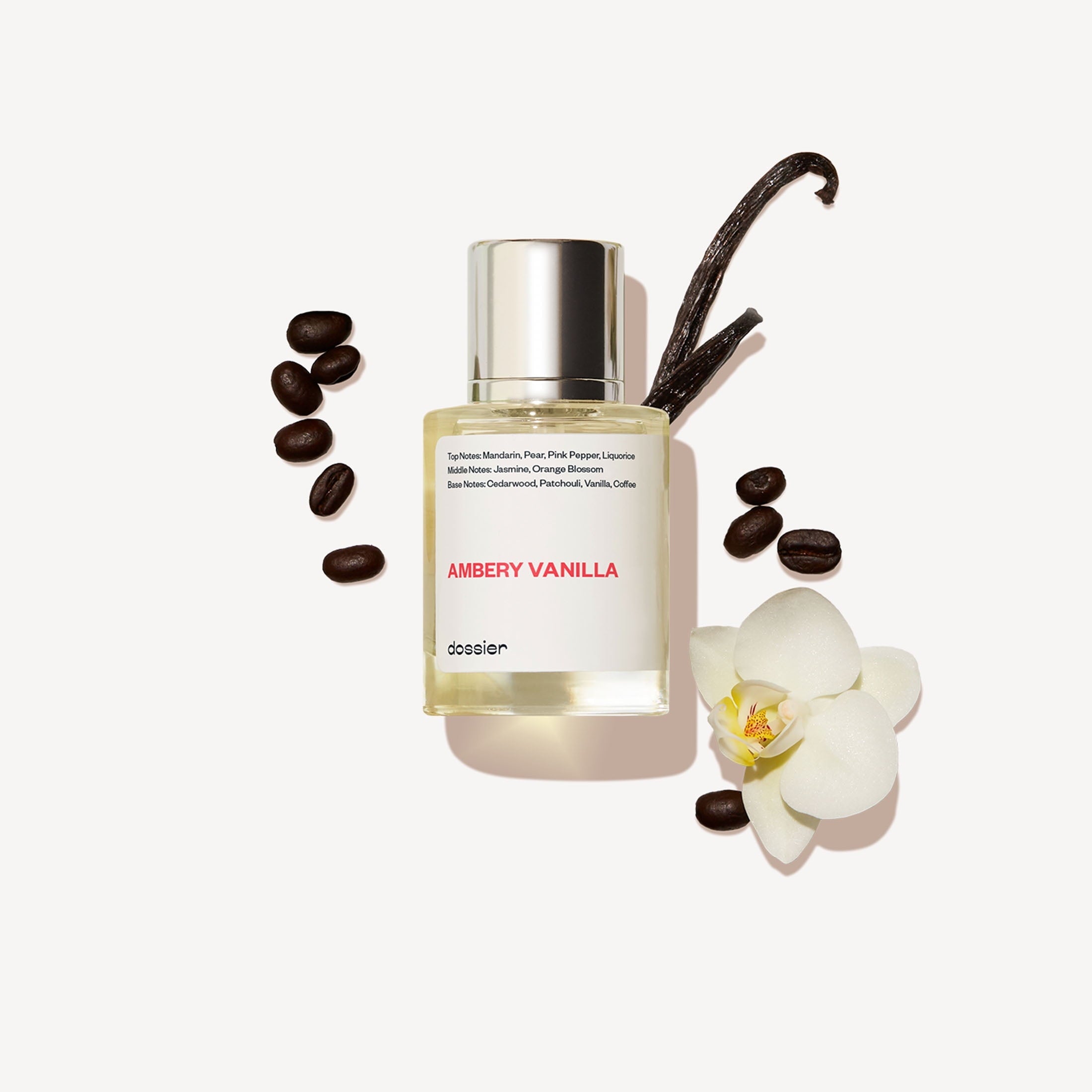Ambery Vanilla perfume bottle with vanilla beans and an orchid on a white background