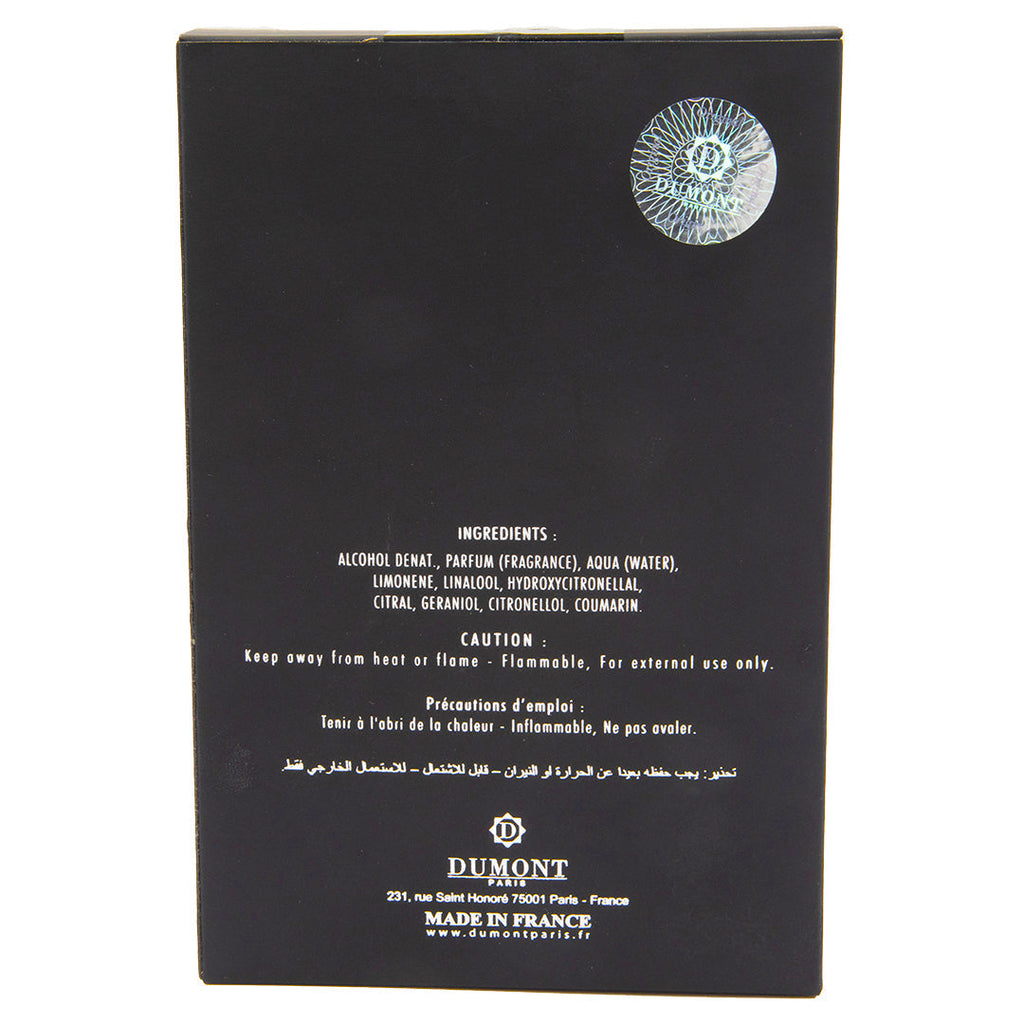 Back of a black product packaging with ingredient list and Dumont branding.