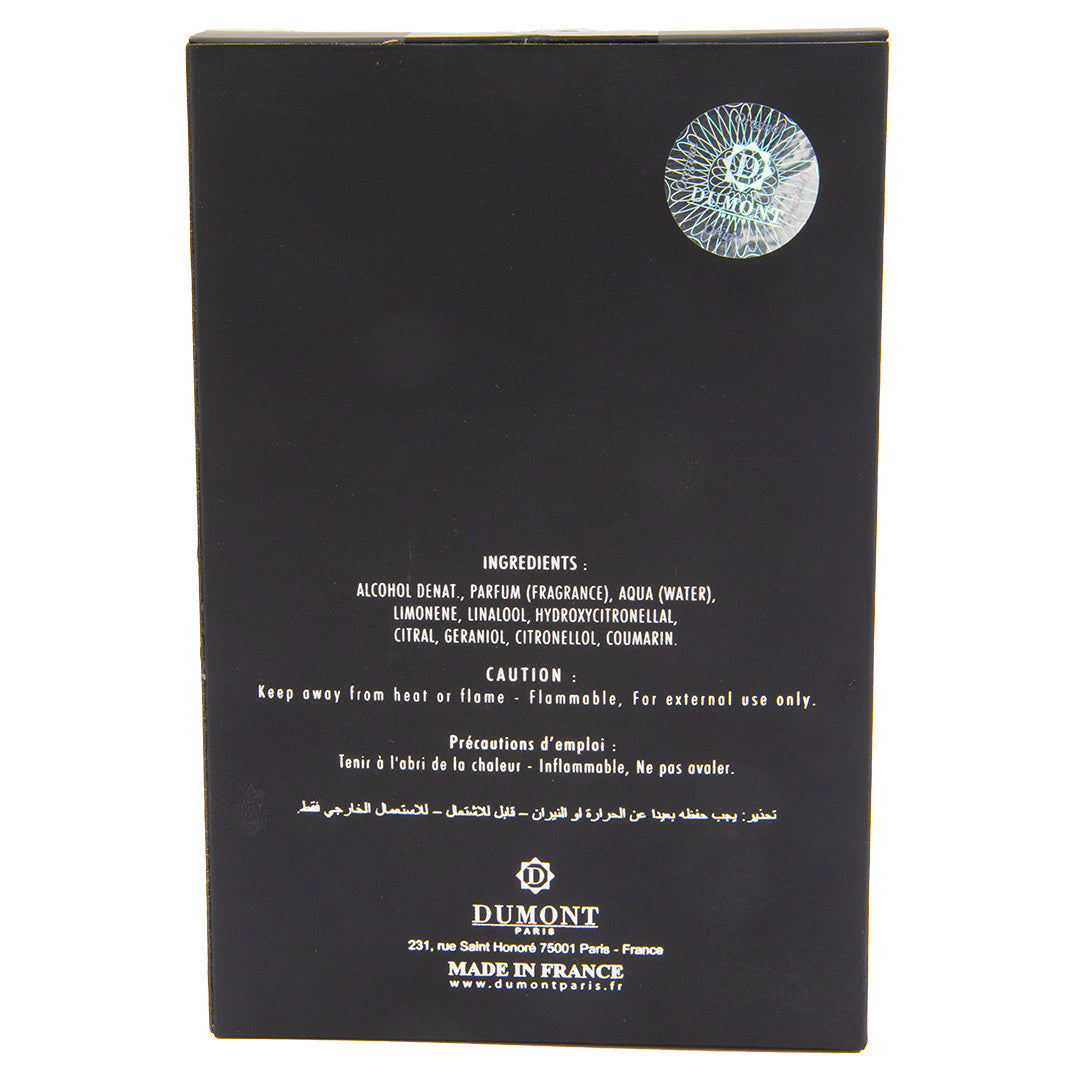 Back of a black product packaging with ingredient list and Dumont branding.