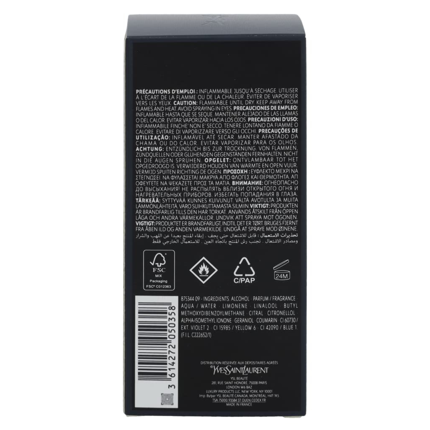Back of a black product packaging with text and symbols on a white background
