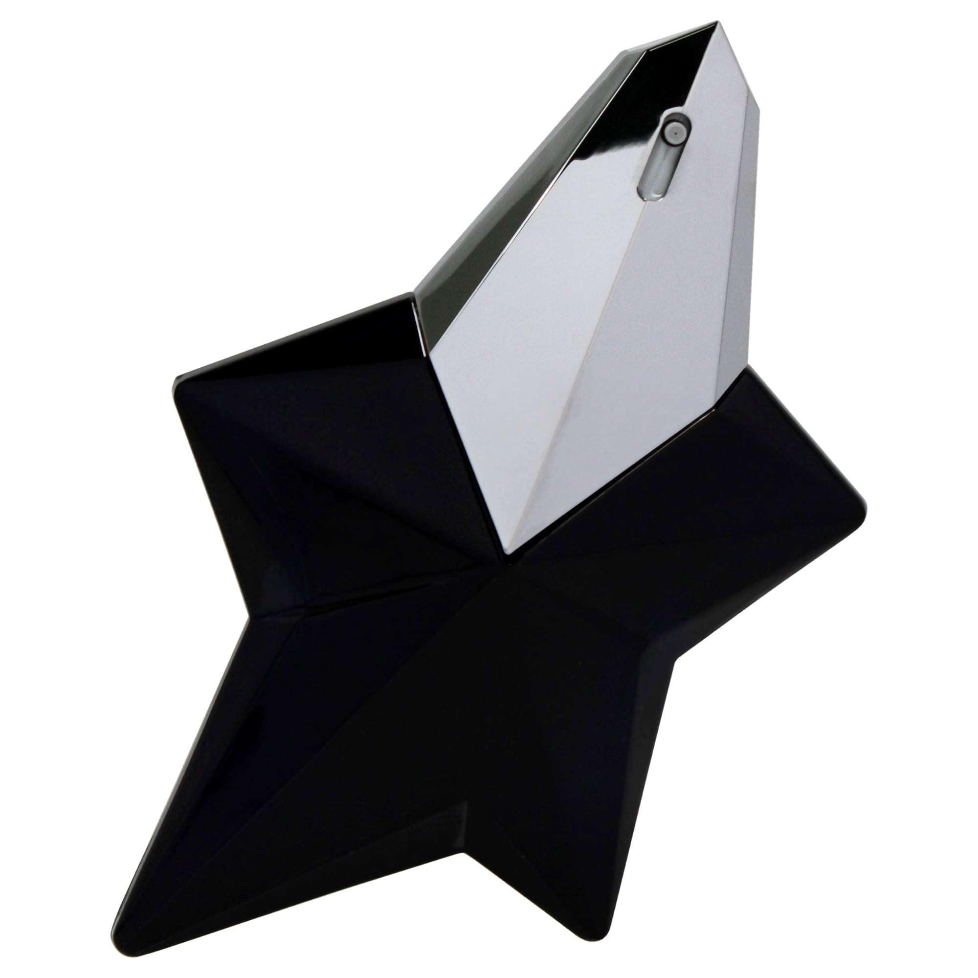 Black and silver geometric-shaped object on a white background