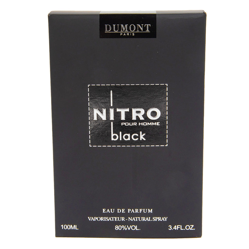 Black box of Dumont Paris Nitro Pour Homme Black Eau de Parfum on a white background