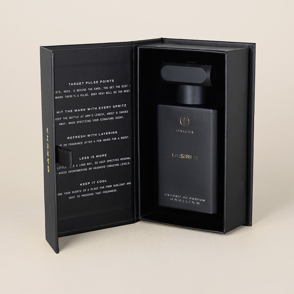 Black perfume bottle in an open box with text on a beige background