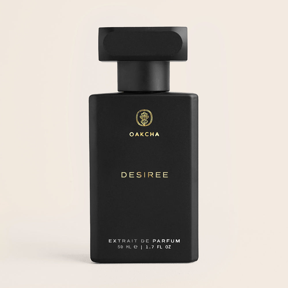Black perfume bottle labeled 'Paris Bloom' by Oakcha on a beige background