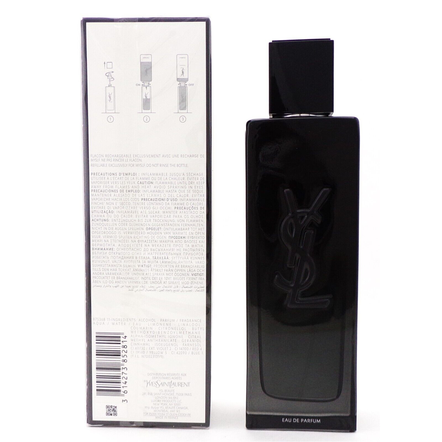 Black perfume bottle with packaging on a white background