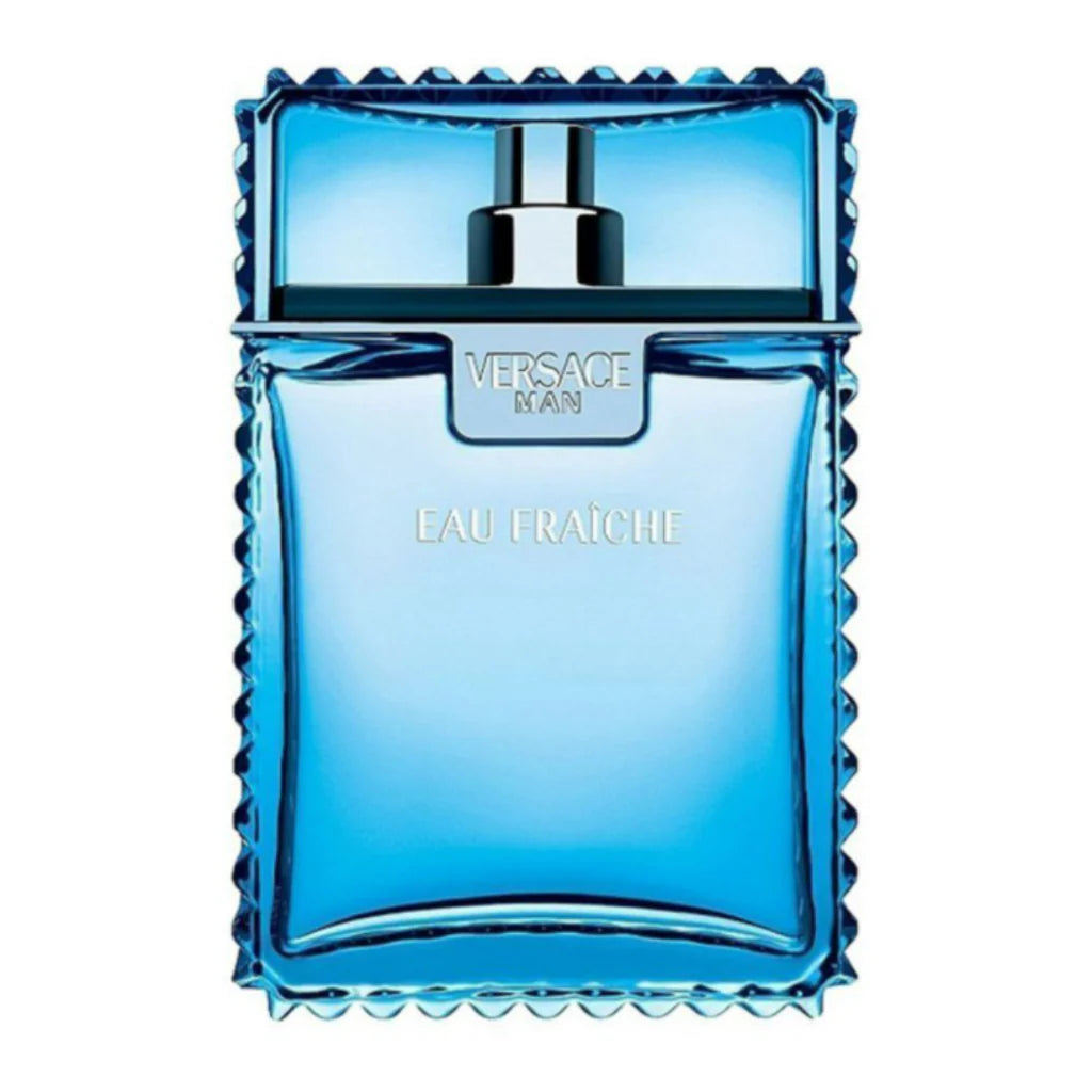 Blue Versace Man Eau Fraçèe perfume bottle on a white background