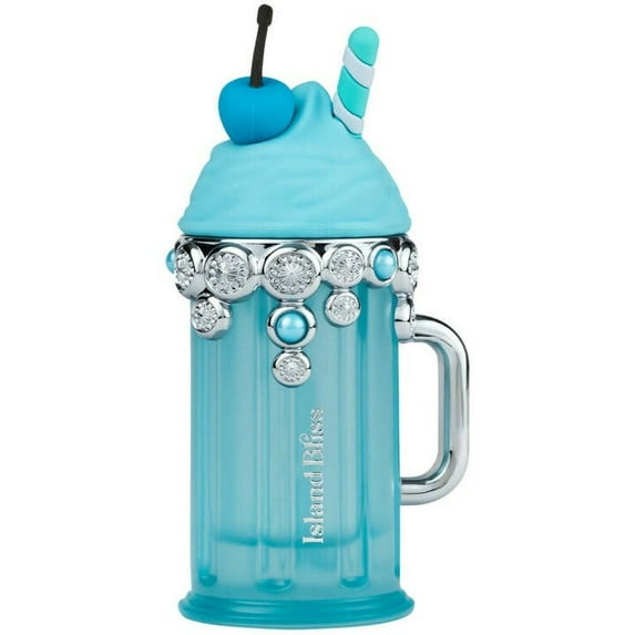 Blue milkshake mug with cherry and straw on a white background