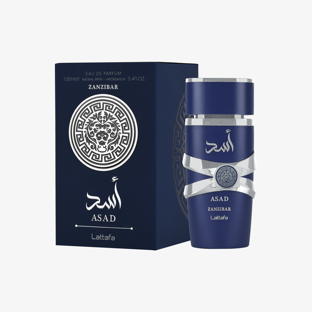 Blue perfume bottle and packaging with 'Asad' branding on a white background