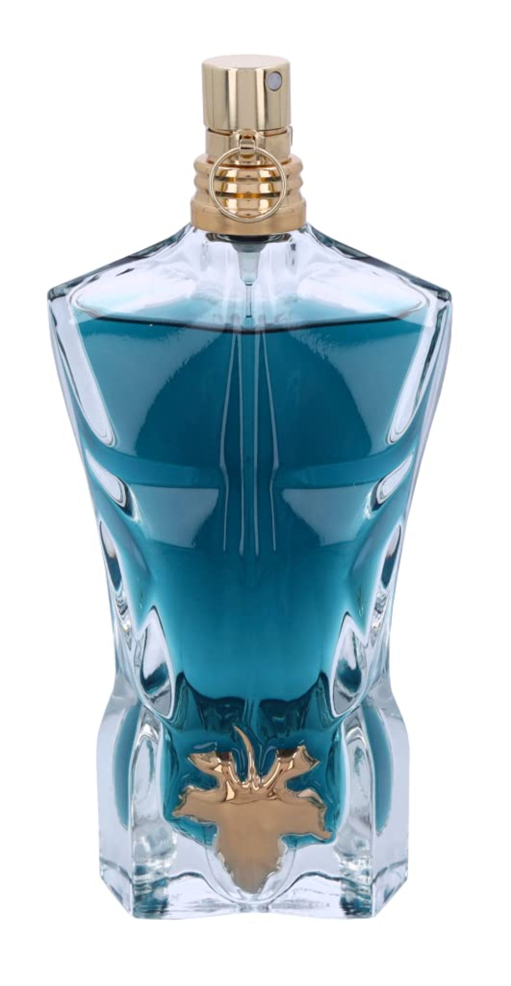 Blue perfume bottle with gold accents on a white background