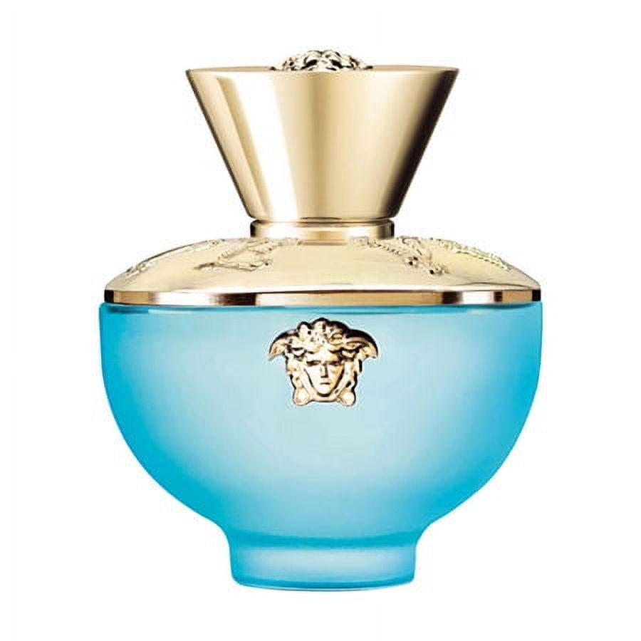 Blue perfume bottle with gold cap on a white background
