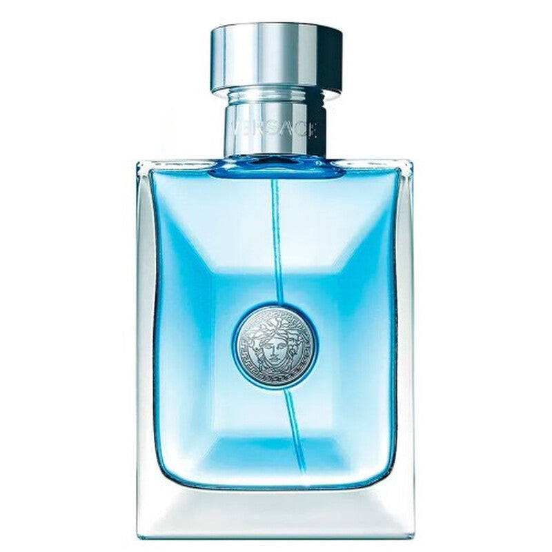 Blue perfume bottle with silver cap on a white background