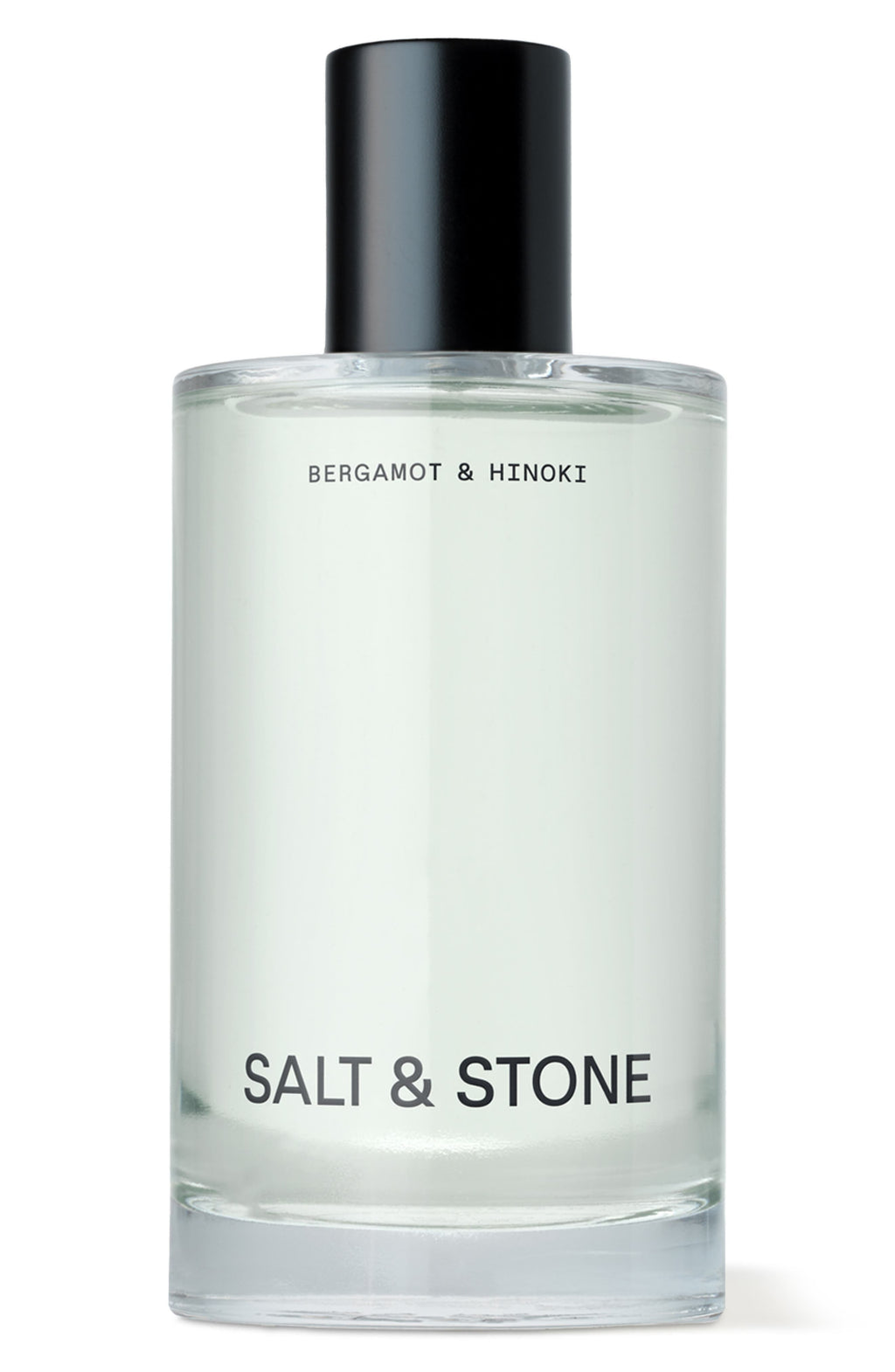 Clear bottle with black cap labeled 'Salt & Stone' on a white background