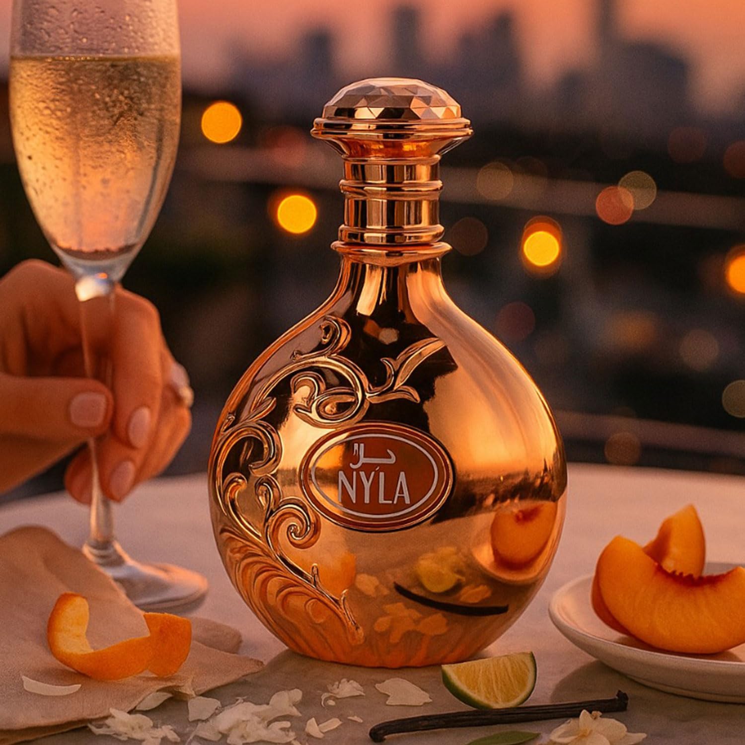 Decorative bottle with 'NYLA' branding, accompanied by a glass of champagne and fruit on a table.