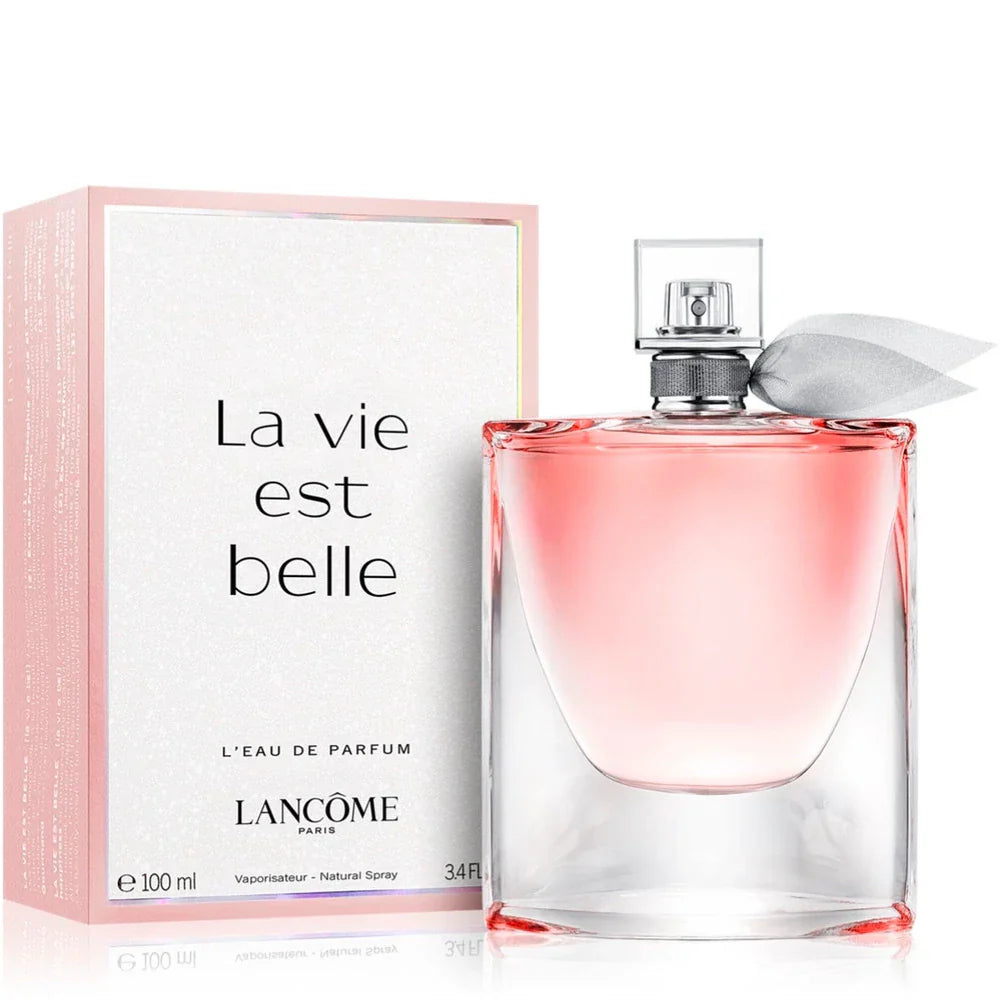 Lancome perfume bottle and packaging with 'La Vie est Belle' text on a white background