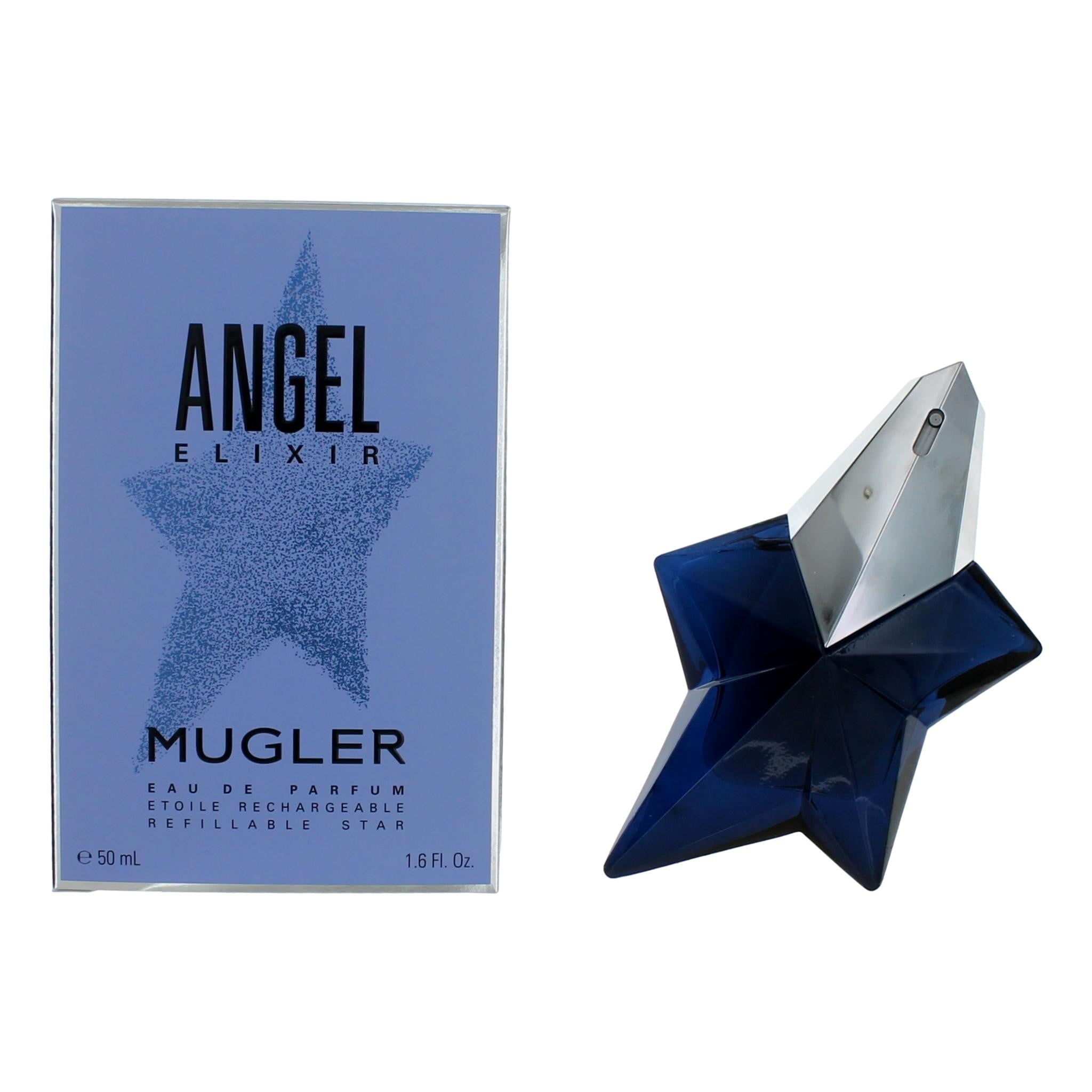 Mugler Angel Elixir perfume bottle and packaging on a white background