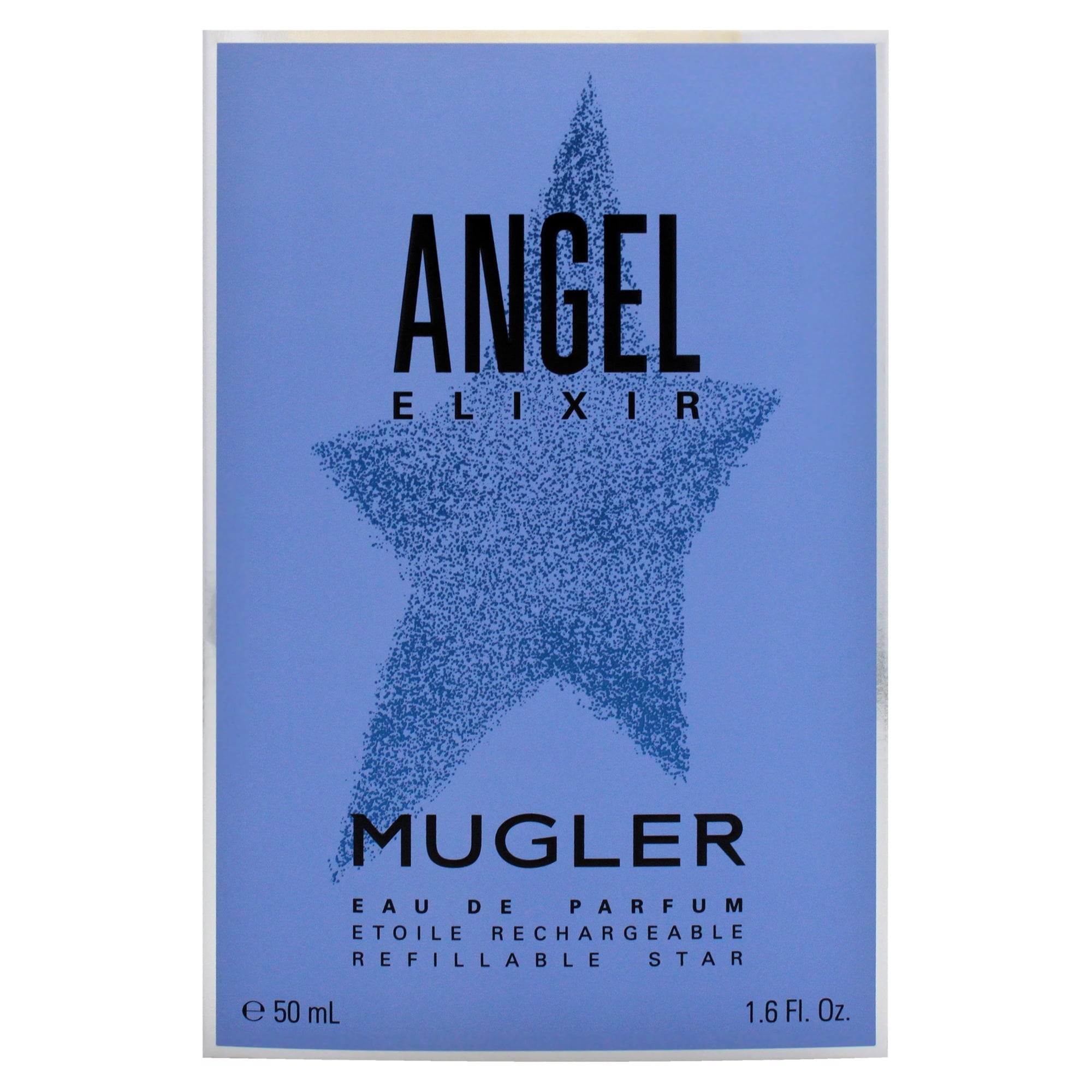 Mugler Angel Elixir perfume packaging with star design on a blue background