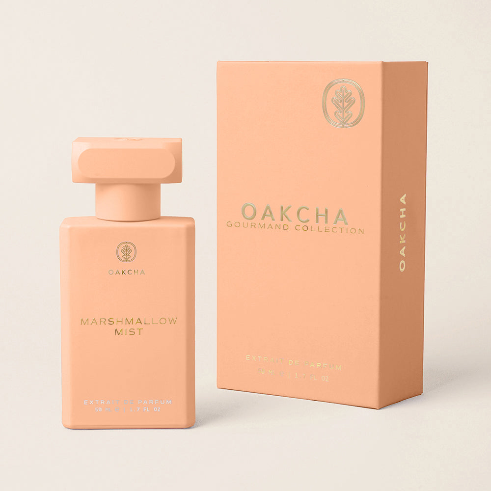 Oakcha Marshmallow Mist perfume bottle and packaging on a light beige background