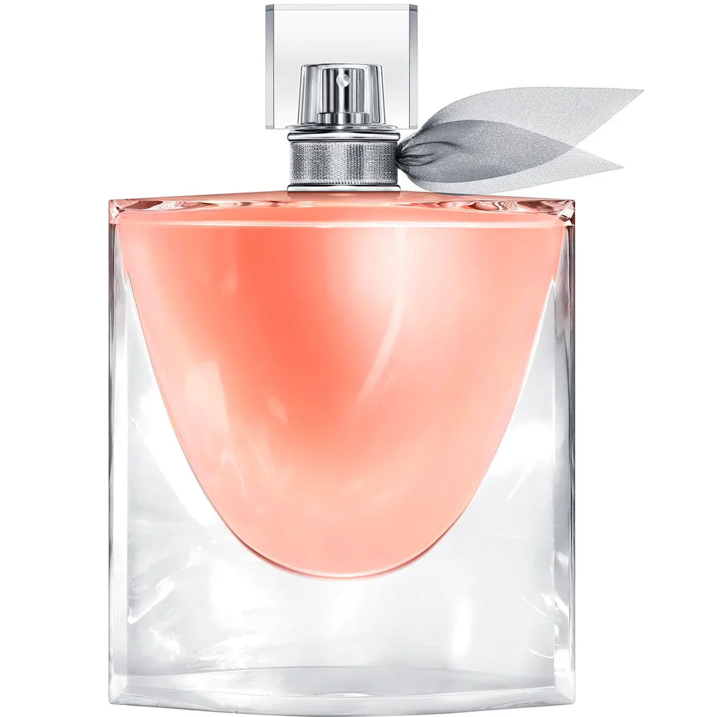 Perfume bottle with a pink cap and silver nozzle on a white background