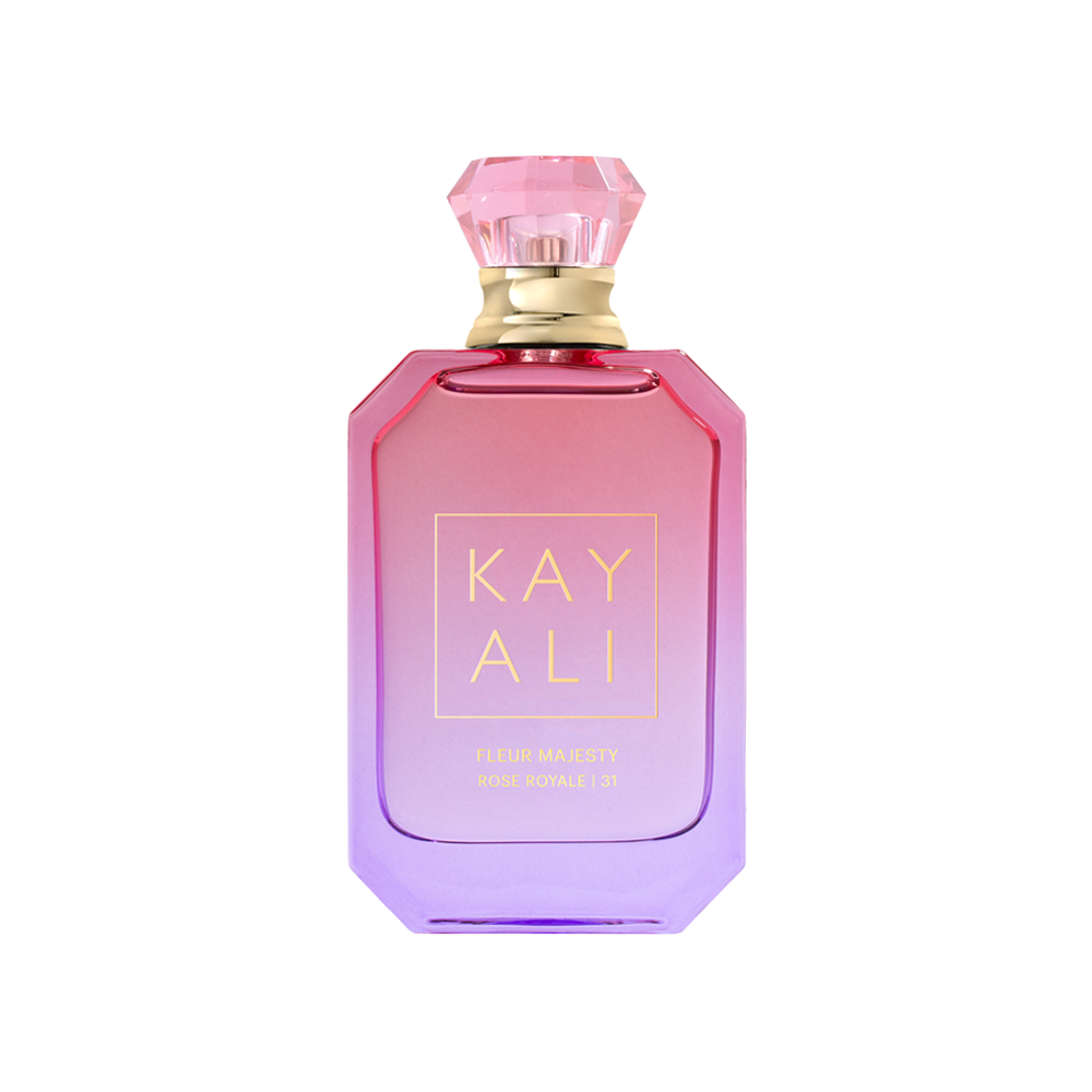 Pink and purple perfume bottle with 'KAY ALI' branding on a white background