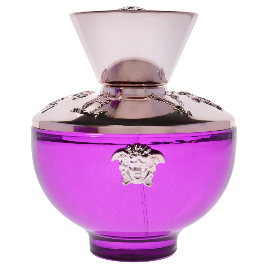 Purple perfume bottle with silver cap on a white background