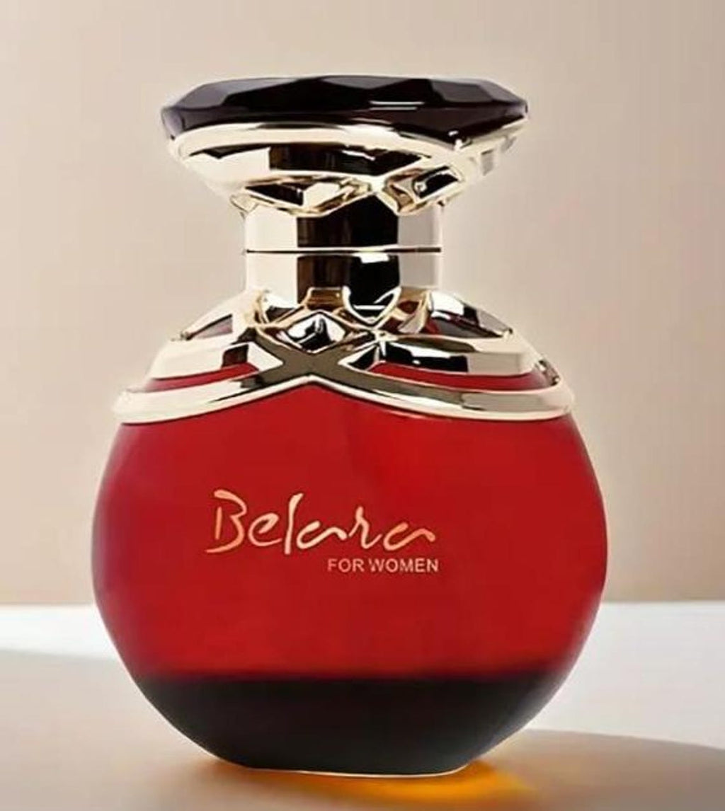 Red and gold perfume bottle with 'Belara' branding on a beige background
