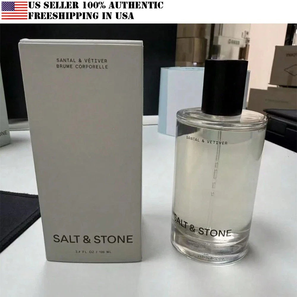 Salt & Stone perfume bottle and packaging on a table