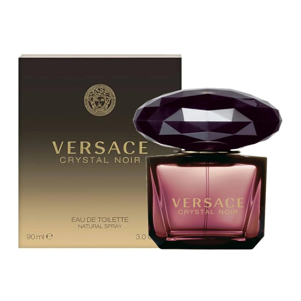 Versace Crystal Noir perfume bottle and packaging on a white background