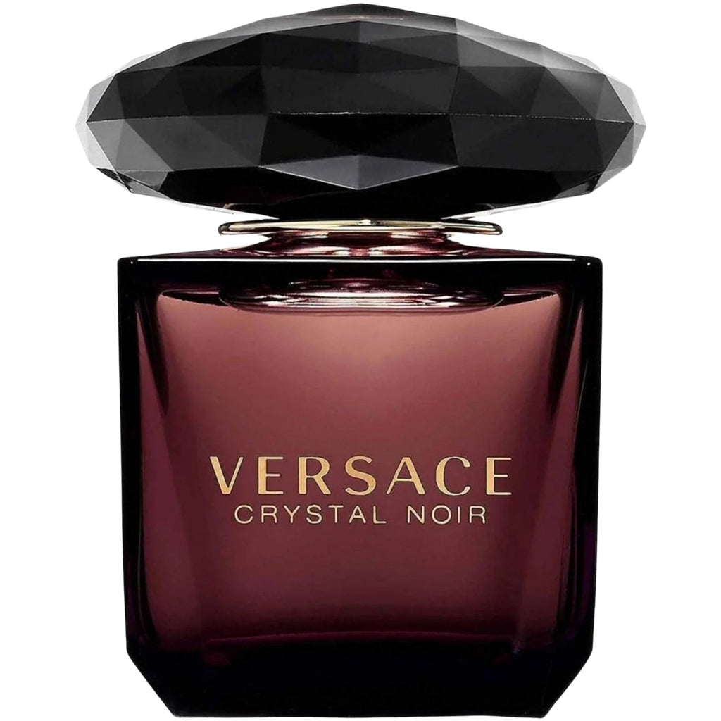 Versace Crystal Noir perfume bottle with black cap on a white background