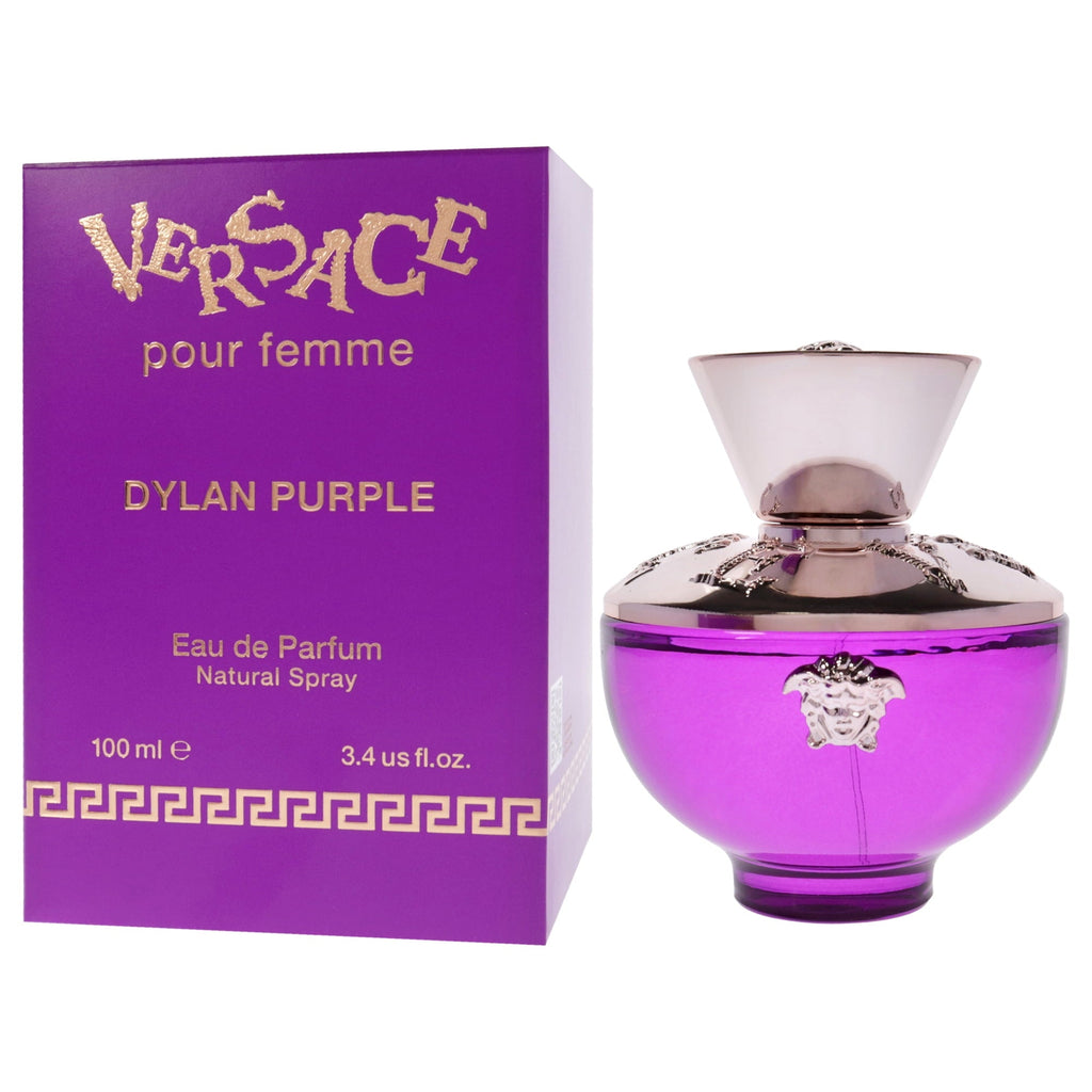 Versace Dylan Purple perfume bottle and packaging on a white background