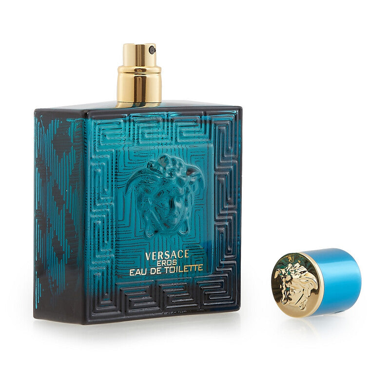 Versace Eros Eau de Toilette bottle with blue and gold design on a white background