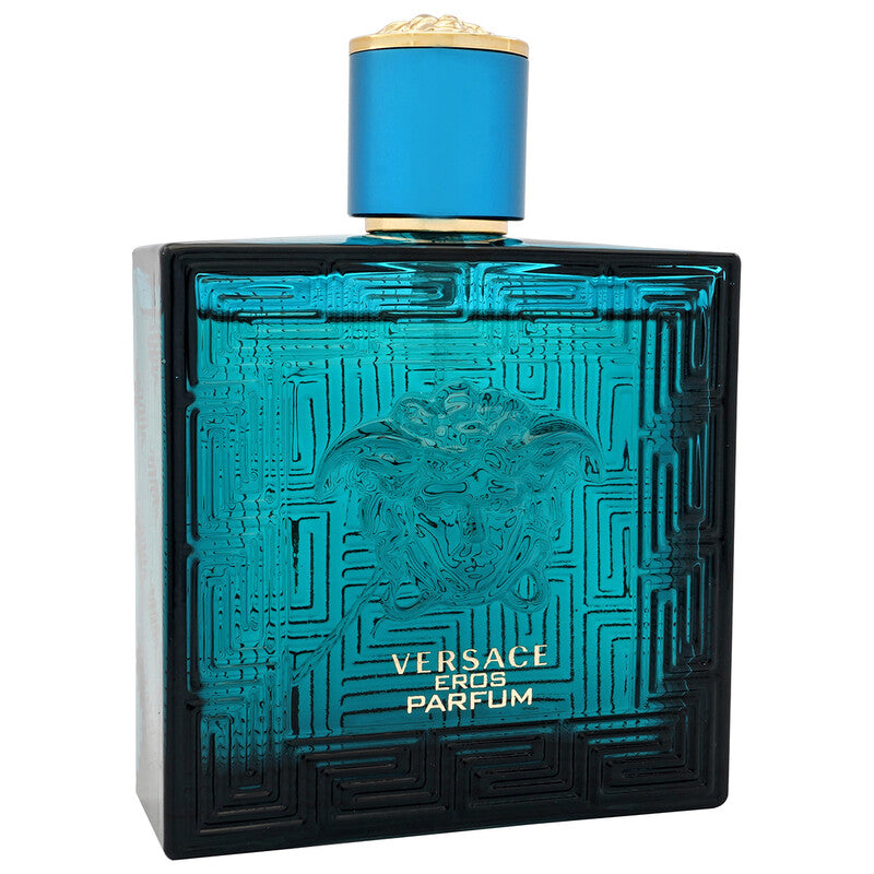 Versace Eros Parfum bottle with blue and black design on a white background