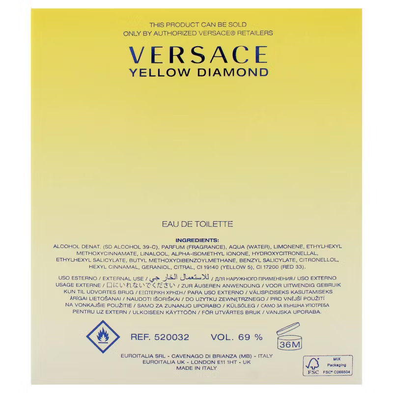 Versace Yellow Diamond Eau de Toilette packaging with yellow and beige design.